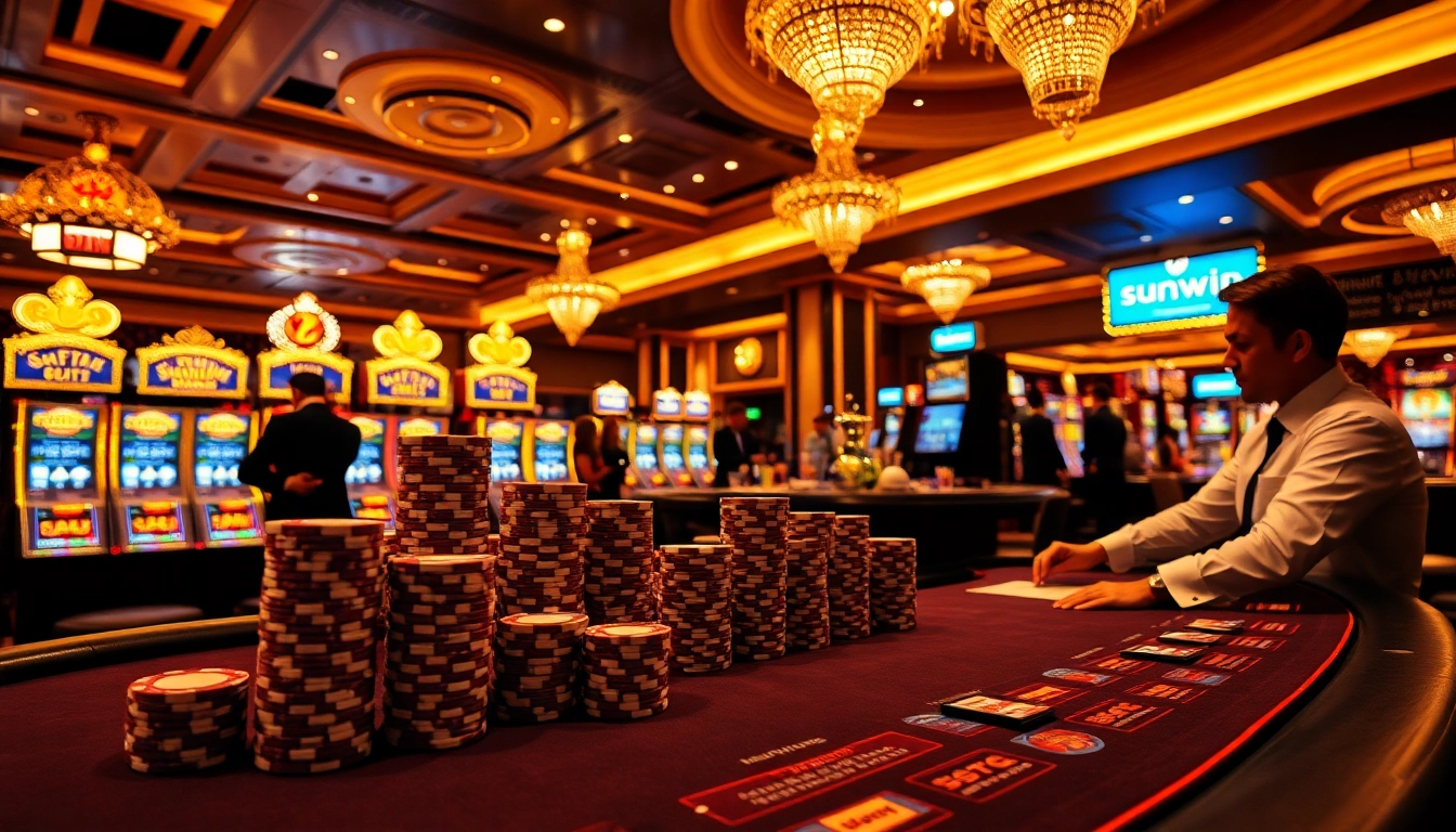 High-stakes poker action at sunwin casino with elegant players and vibrant slot machines.