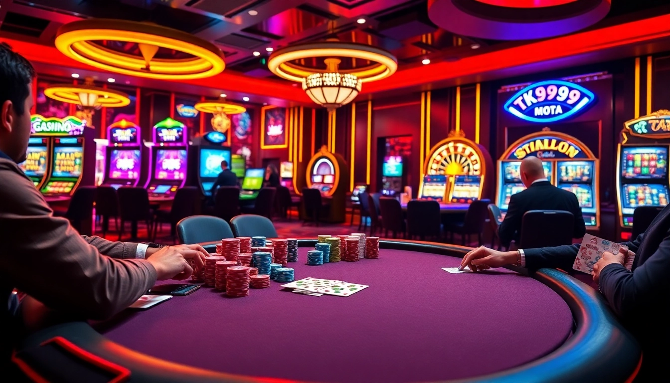 Players immerse in thrilling casino experiences at TK999 with poker tables and slot machines.