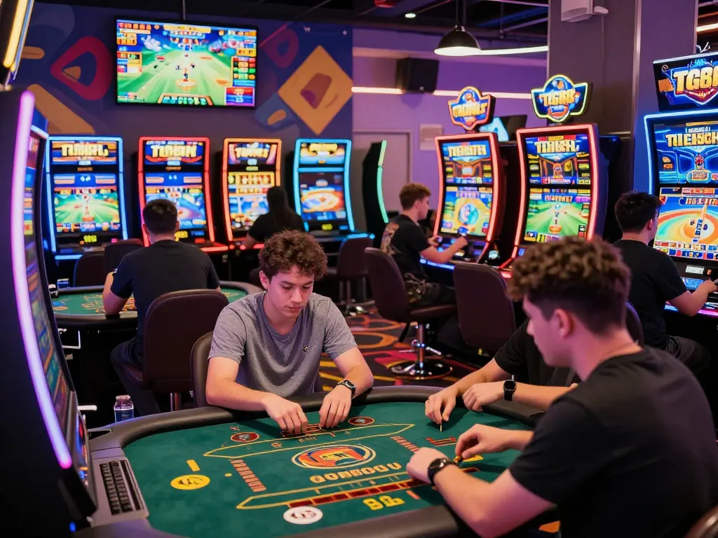 Exciting gaming atmosphere at TG88 with players enjoying online betting and vibrant digital displays.