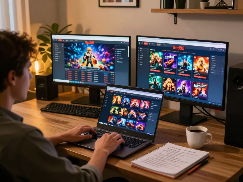 Engaging with Link mới Red88 online gaming interface at a cozy home setting