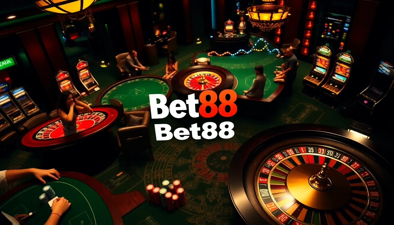Bet88 casino scene with players at poker tables, colorful chips, and an exciting atmosphere.
