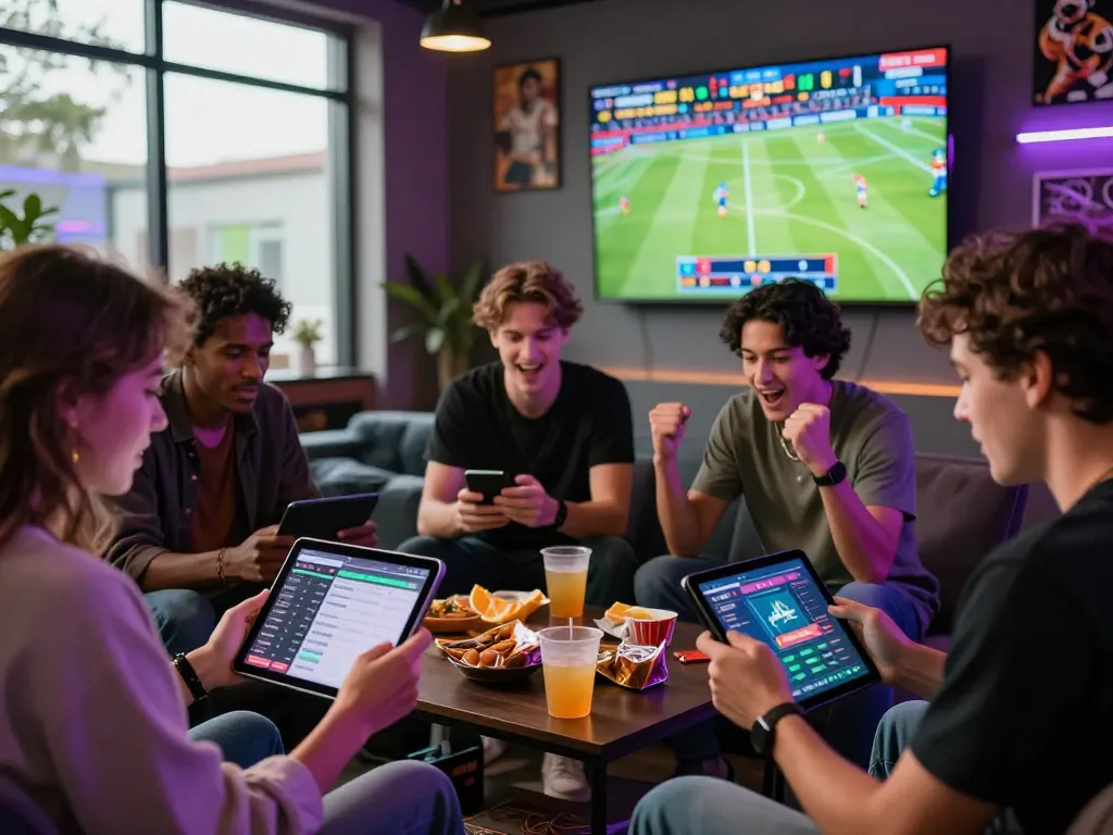 Engaging scene of young adults enjoying online gaming, Đăng ký Topbet highlights community excitement.