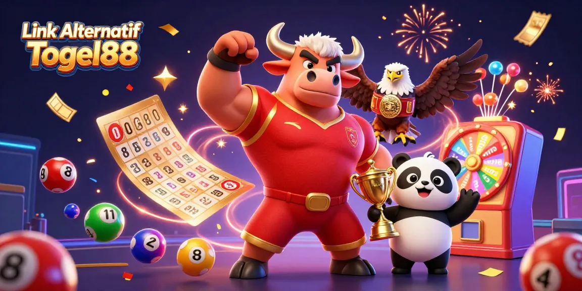 Play lottery games effectively at Link Alternatif Togel88 with vibrant, dynamic gambling elements surrounding a cartoon bull mascot.