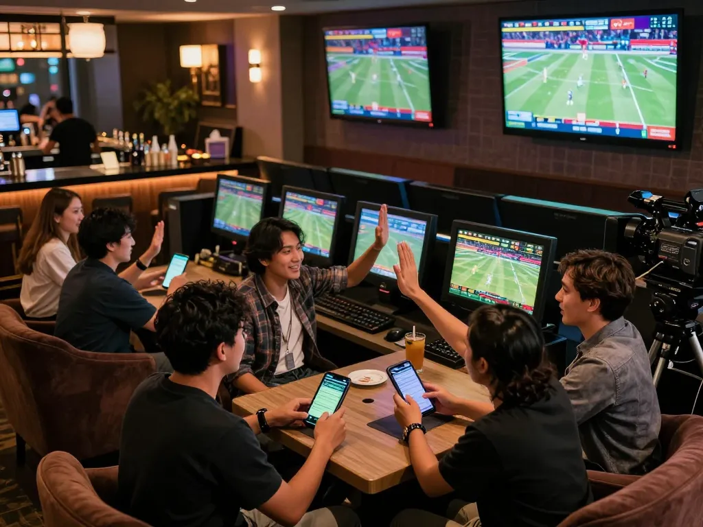 Fans engaging in live betting at n188 sportsbook, analyzing odds and celebrating wins.