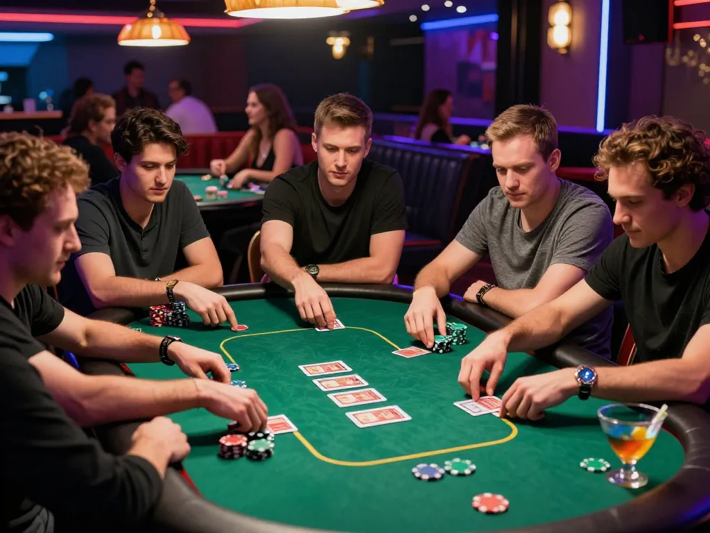 Bomwin players enjoying an intense poker game in a vibrant casino atmosphere.