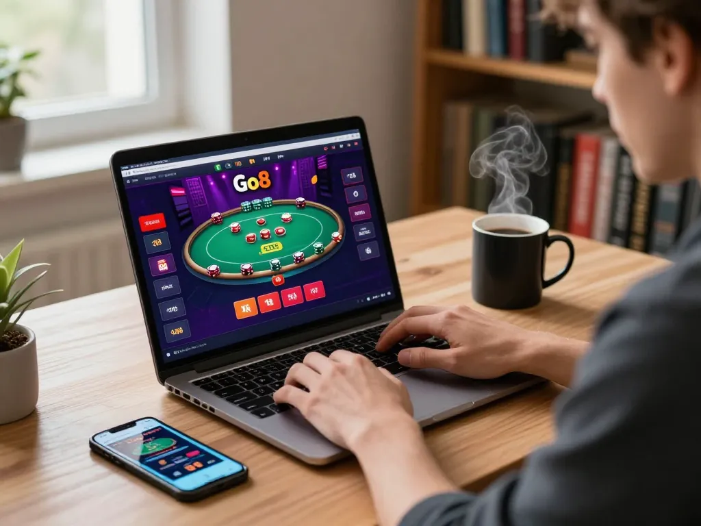 Engaging online gambling with Go8 on laptop, showcasing poker strategy and warm home environment.