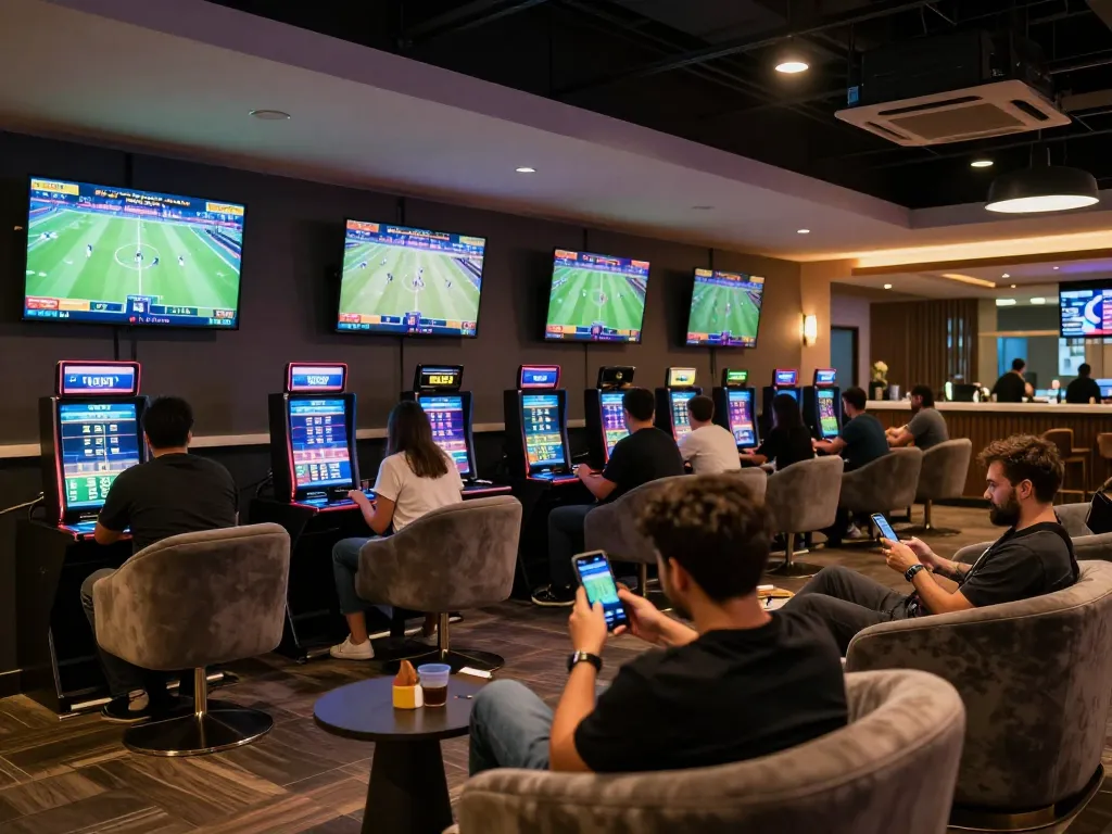 Excited patrons engaging in live sports betting at nhandinhkeonhacai lounge with screens showing odds.