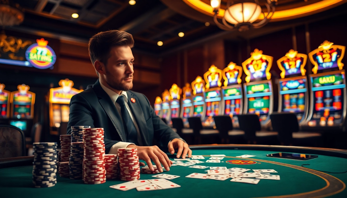 Poker players strategizing big wins at 79KING casino table with vibrant slot machines.