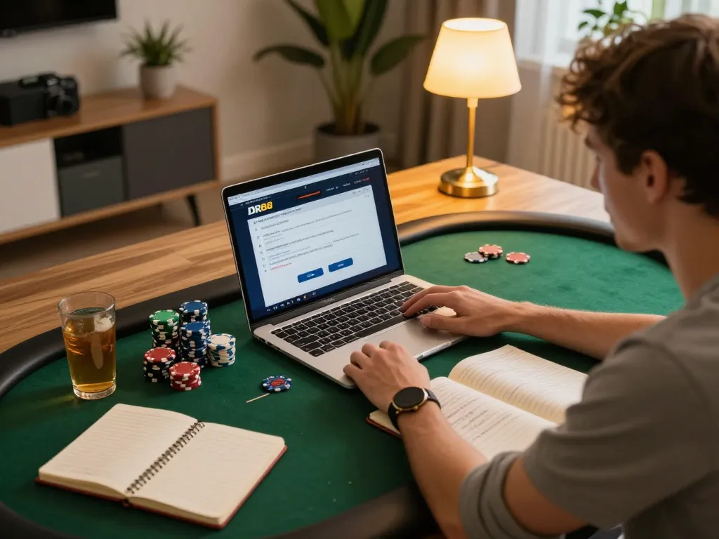 Player strategizing poker on DR88 with chips and drinks visible in a cozy home setup.