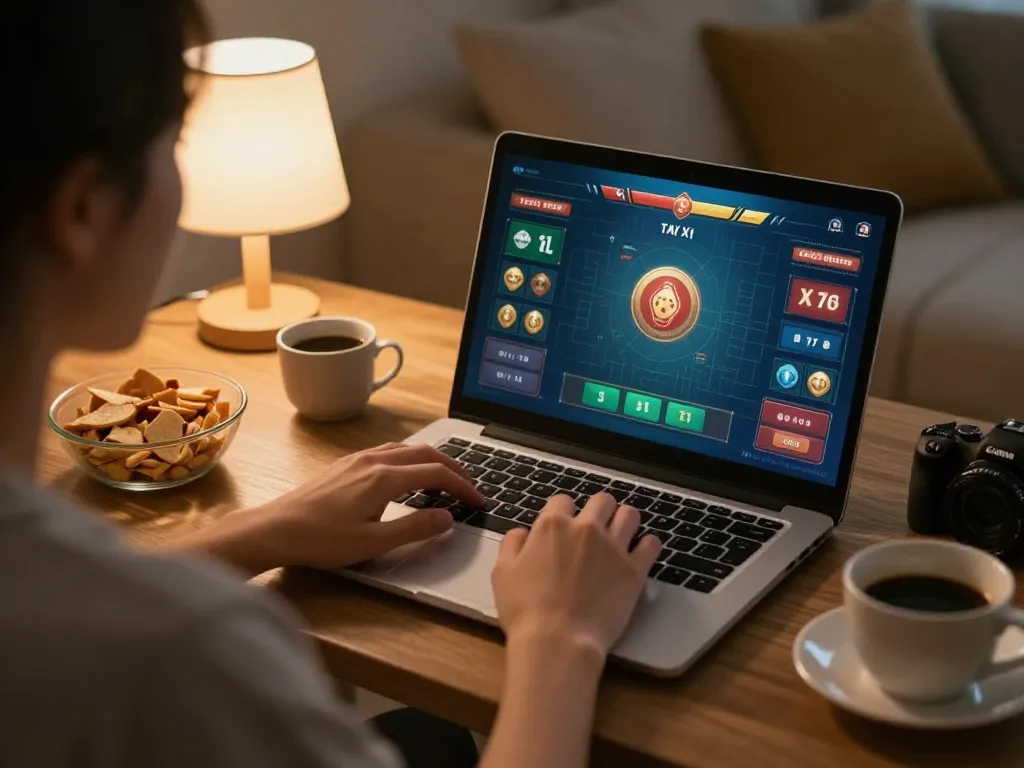 Player enjoying Tài Xỉu game online at home using taixiuonline8 platform with warm ambiance and snacks.
