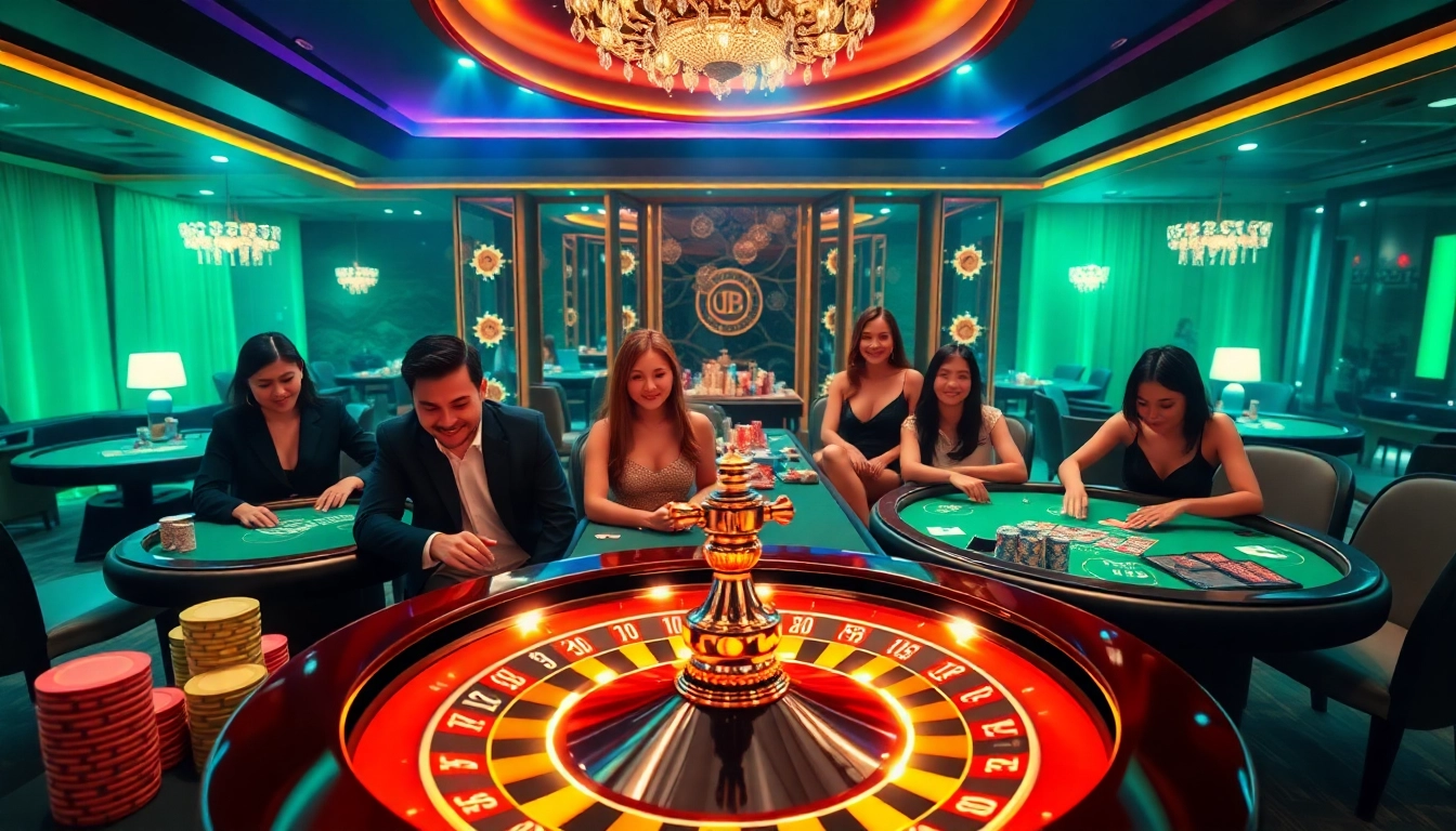 Engaging scene of players enjoying poker and blackjack at i9bet casino tables amidst vibrant lighting.