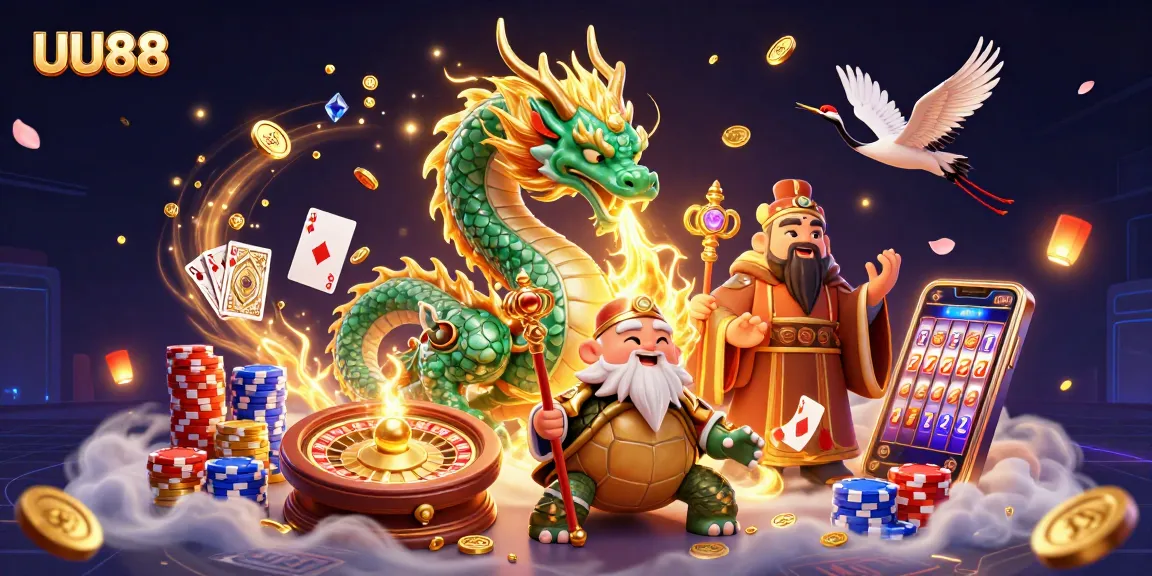 Experience dynamic action with UU88 in this vibrant casino illustration featuring mythical creatures.