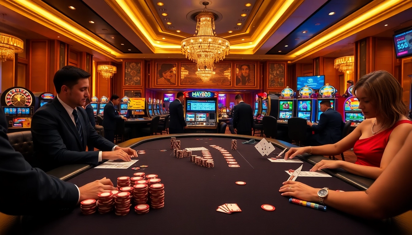 Engaging gamblers at Hay88 with a vibrant poker scene showing chips and cards.