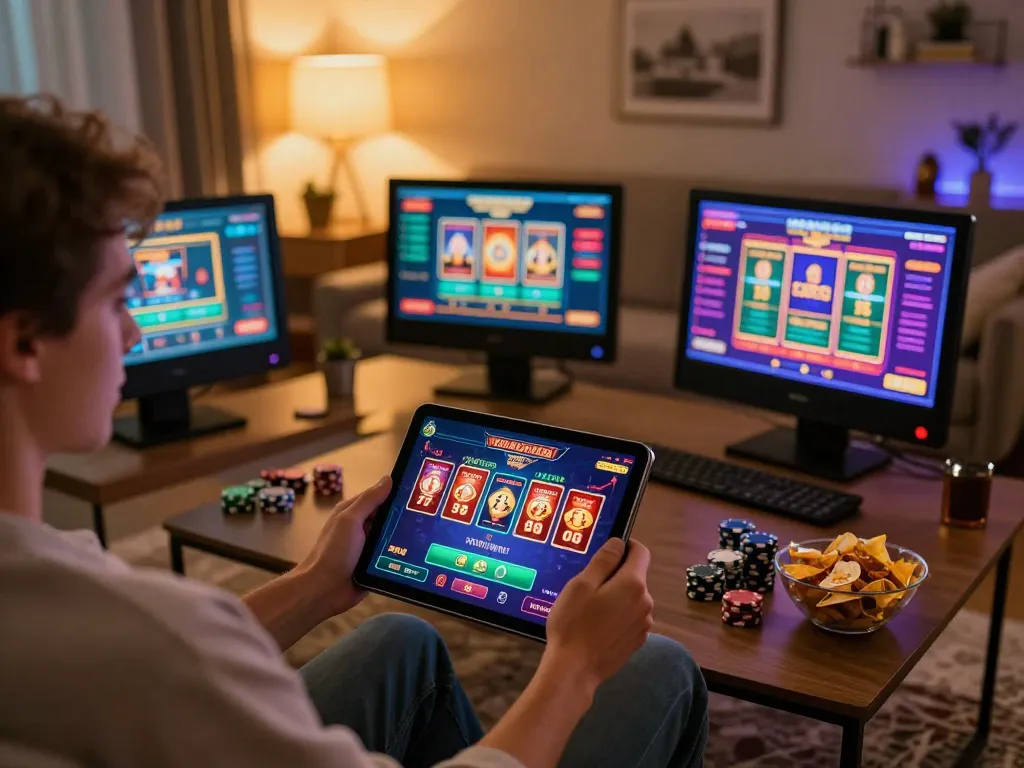 Engaging with the vibrant 23WIN casino app while enjoying a cozy home gaming setup
