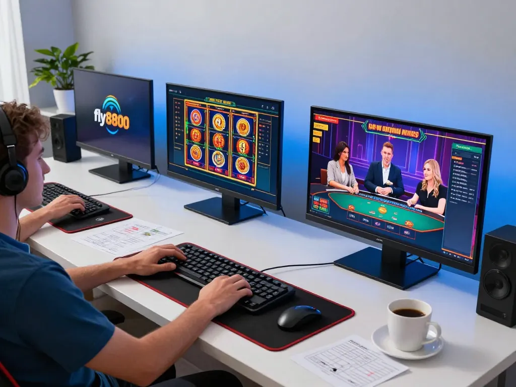 Engaging with fly8800 online casino games on multiple screens in a cozy home office setup.