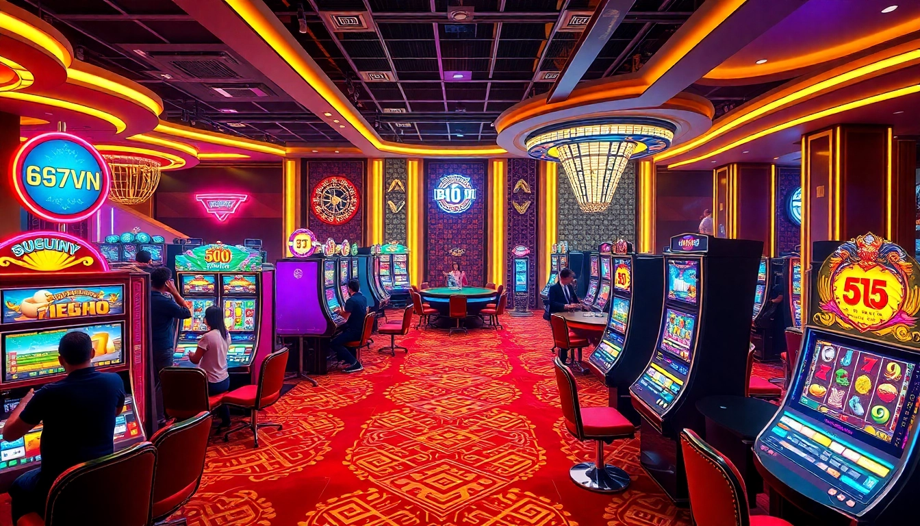 Players enjoying Nổ hũ 69VN slot machines in a vibrant casino atmosphere.