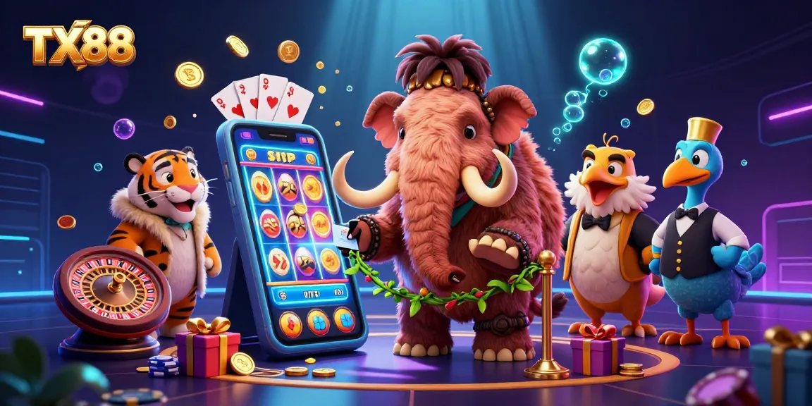 TX88 slot game illustration with vibrant characters in a rich casino atmosphere.