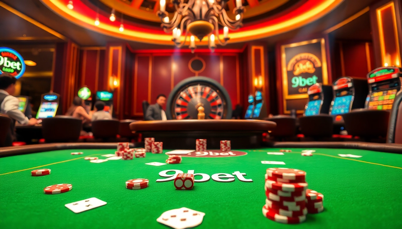 Experience thrilling gameplay at 9bet's luxurious casino scene featuring poker, dice, and roulette.