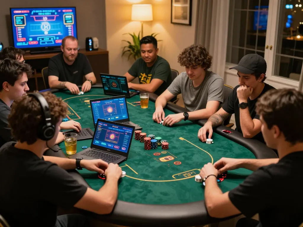 Players strategizing in an online poker game with dash88 platform on tablet, showcasing exciting gameplay.