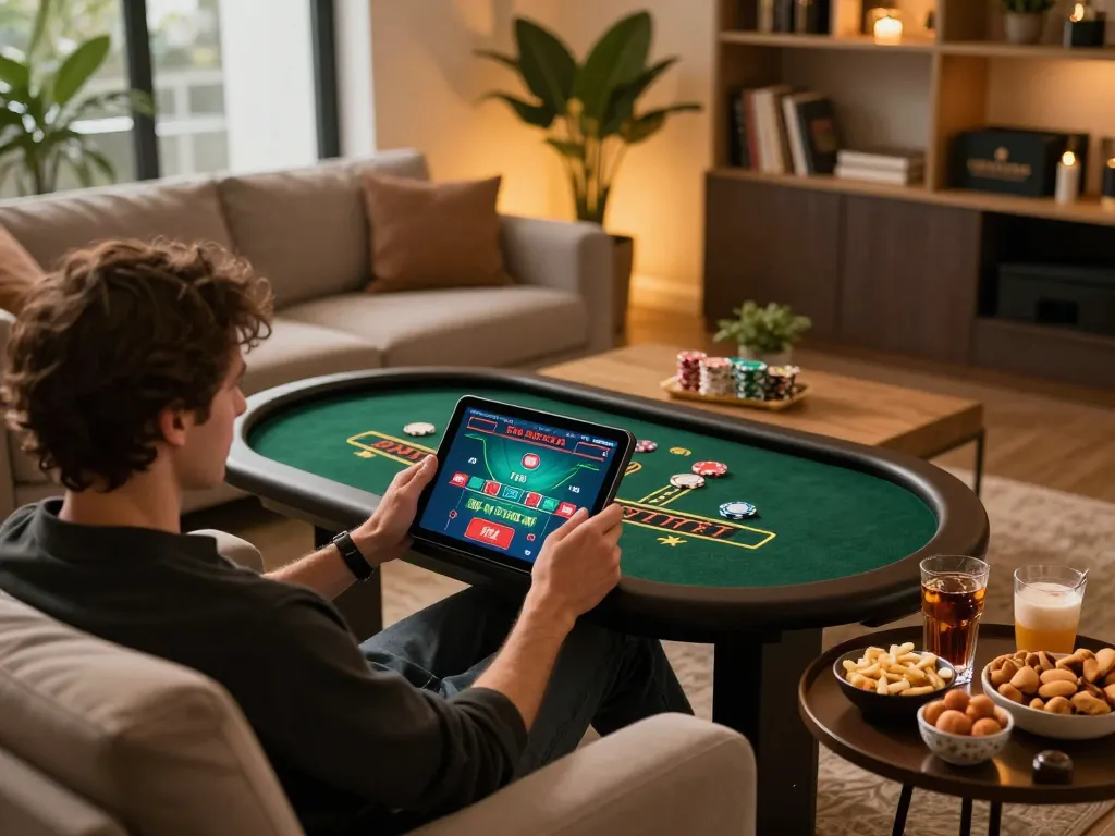 Enjoying vsbet live dealer blackjack at home with cozy gaming setup.