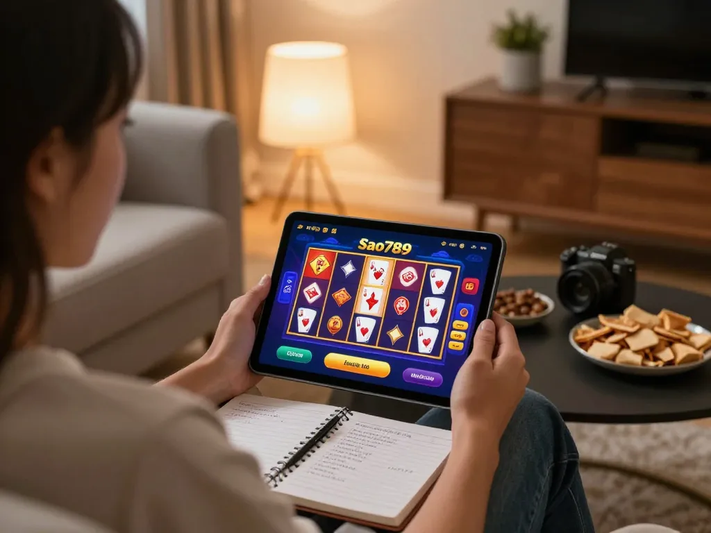 Sao789 user engaging with vibrant online casino app while relaxing at home.