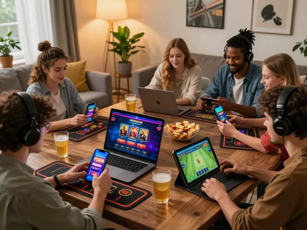Engaging TG88 online gaming scene with diverse players enjoying casino games on mobile devices.