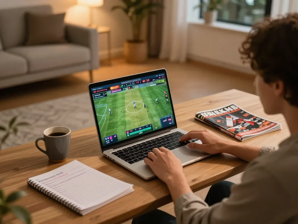 Person engaged in online sports betting via keonhacai on a laptop in a cozy home setting.