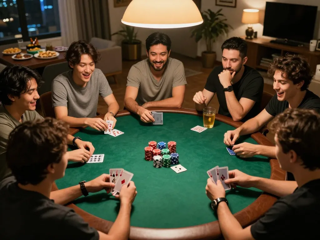 A thrilling home poker game with friends showcasing strategic gameplay, featuring 789BET action and colorful chips.