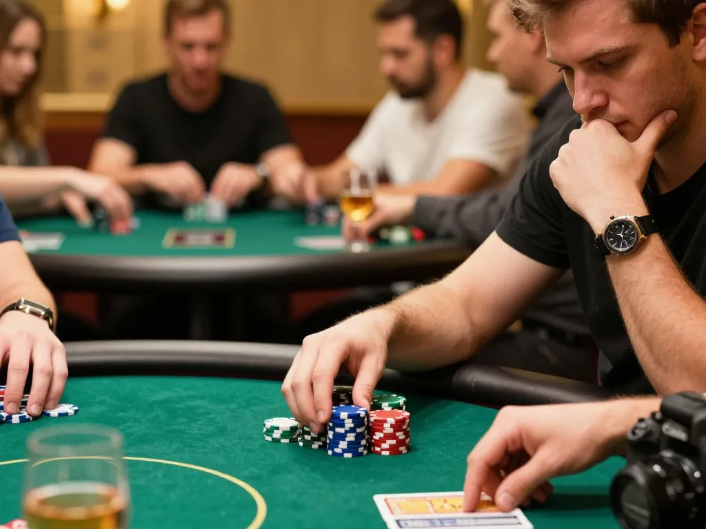 open88 player focusing on strategy while playing poker with stacks of chips