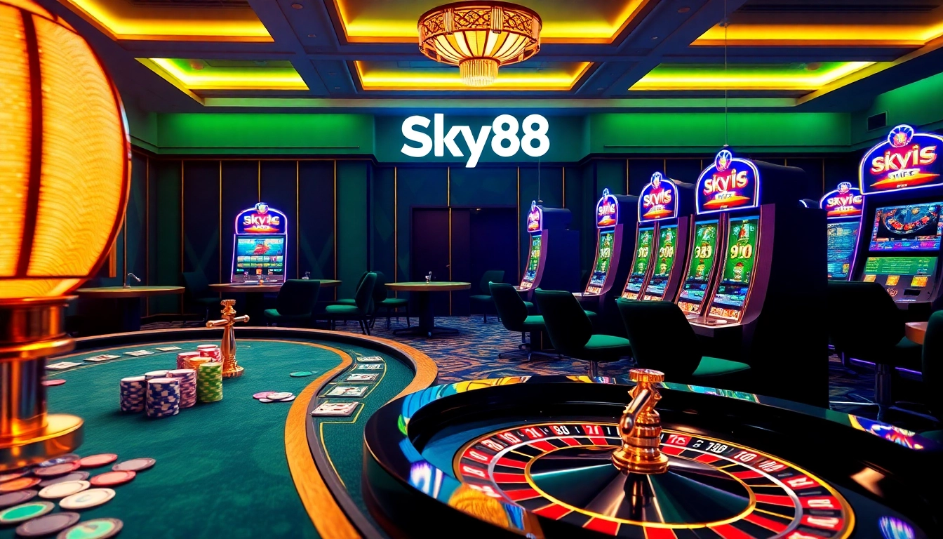 Experience the thrill of gambling at Sky88 with vibrant casino tables, colorful chips, and exciting slot machines.