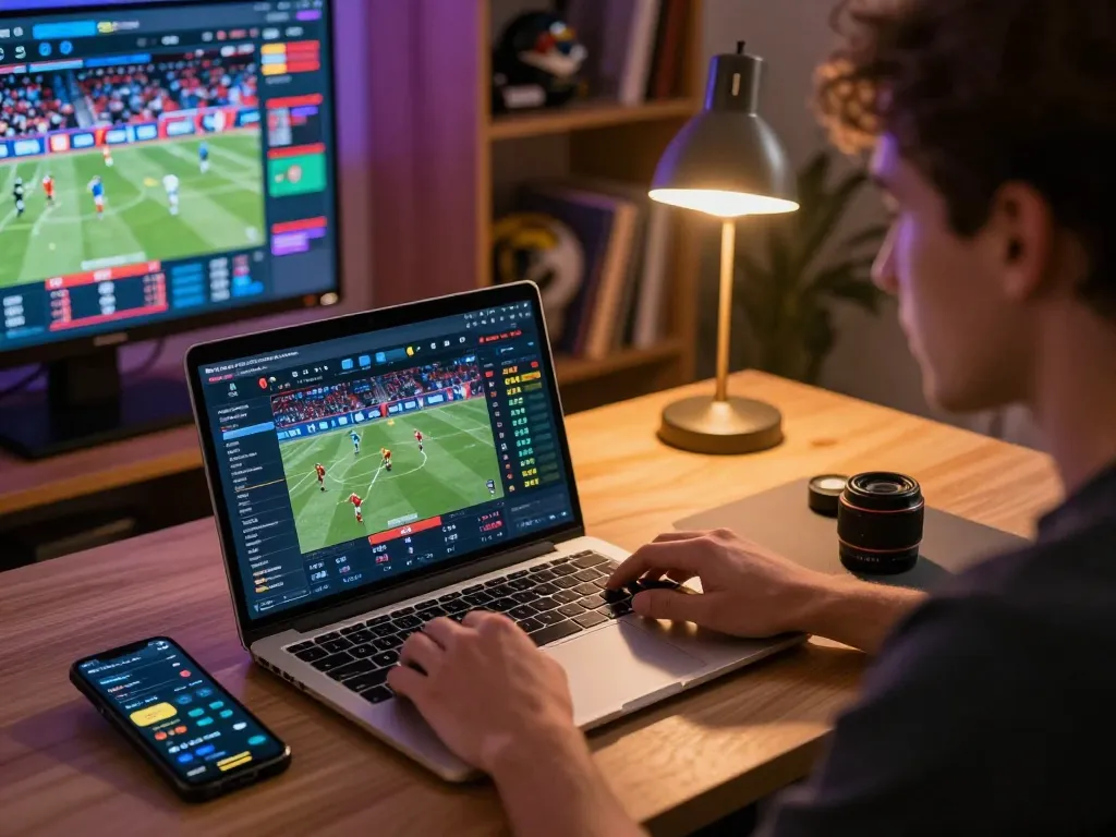 Engaged in sports betting analysis with Nhận định kèo on a laptop, person reviewing odds and stats.