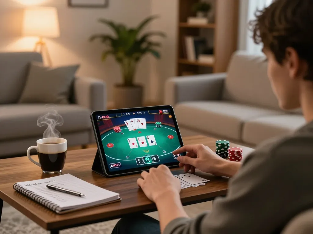 Player engaging in online poker through fly88 on a tablet, highlighting strategic gameplay and comfort.
