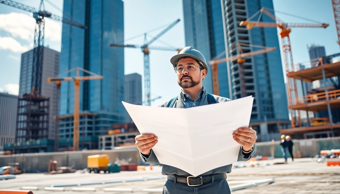Manhattan Construction Manager directing a bustling construction site with blueprints.