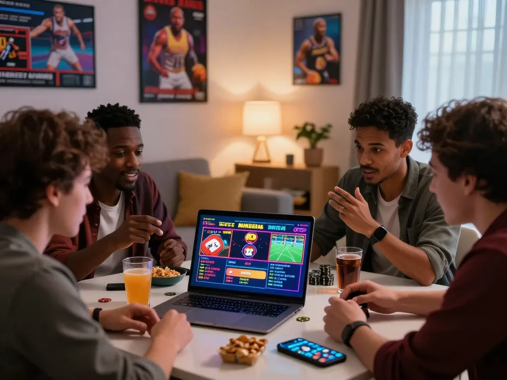 Group of friends enjoying online betting strategies at https://gem88.com.mx/ with snacks and vibrant gaming graphics.