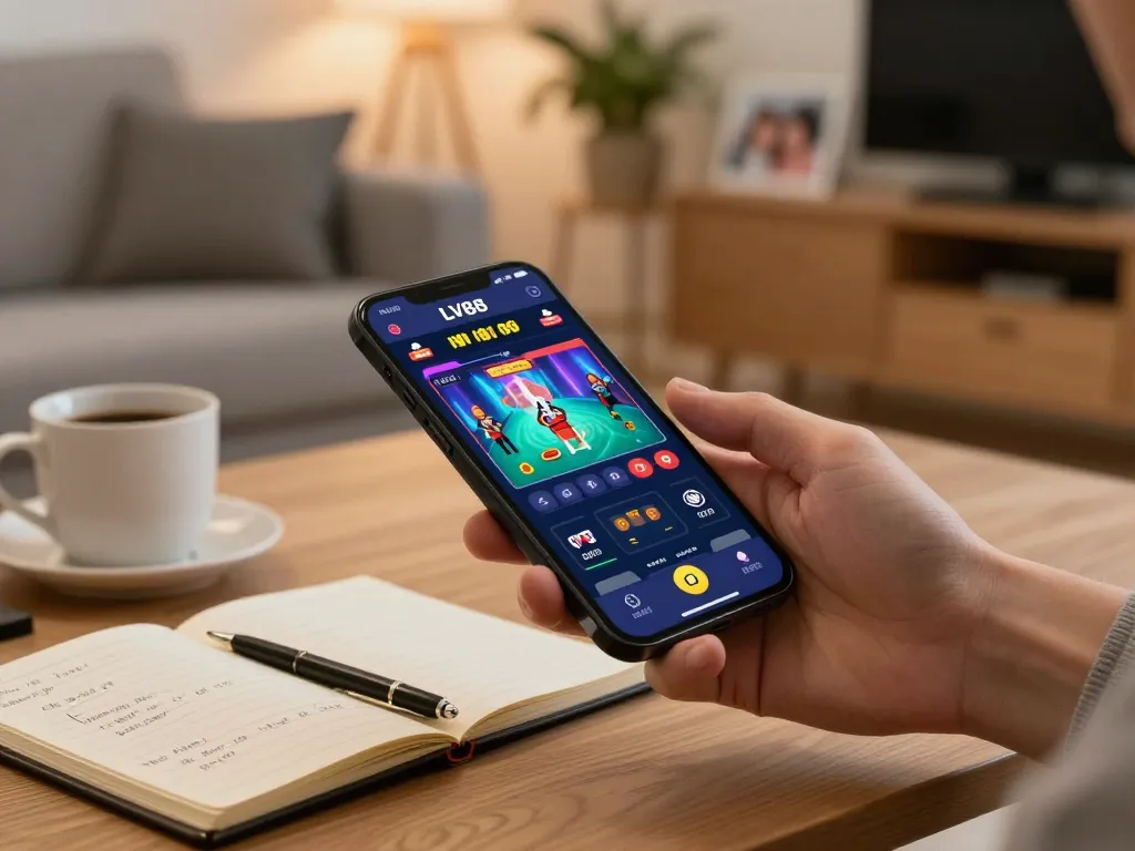 Player engaging with LV88 mobile app for exciting casino games in a cozy home setting.
