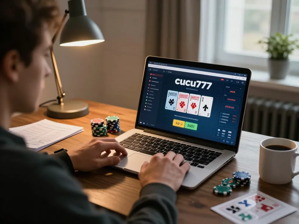 Player enjoying online gaming on cucu777 platform at home with engaging poker interface.