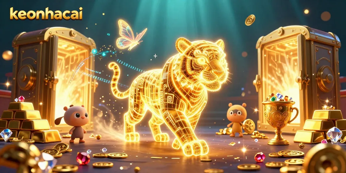 Experience the thrill of keonhacai's digital casino world with golden treasures and a glowing tiger.