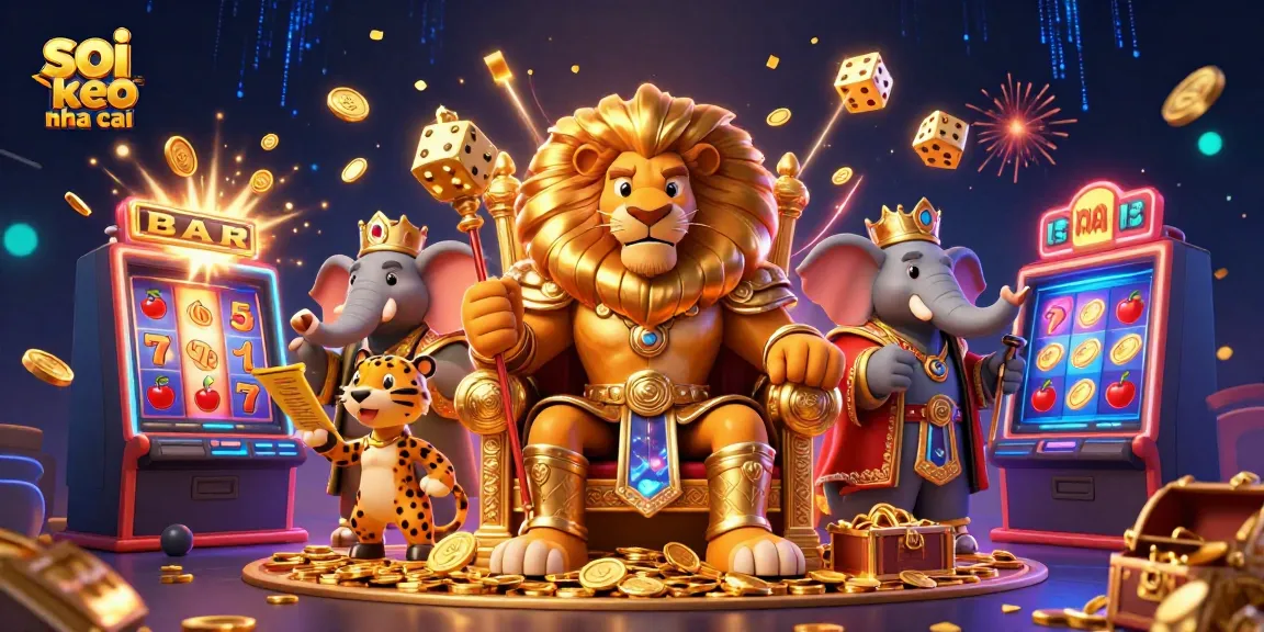 Engaging illustration showcasing soi keo nha cai strategy featuring a lion king, elephant advisor, and cheetah messenger amidst vibrant casino elements.