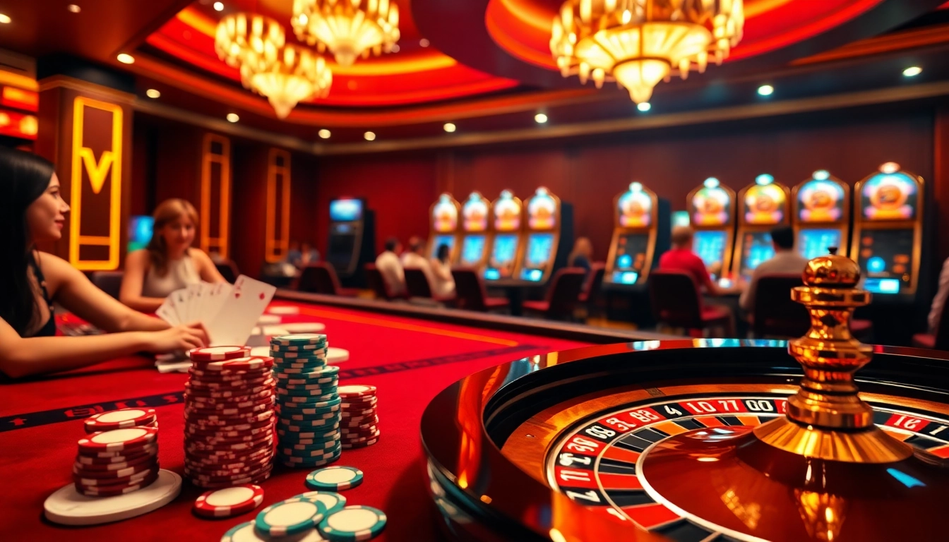 Hello88 engaging players at a vibrant casino table with poker chips and cards.
