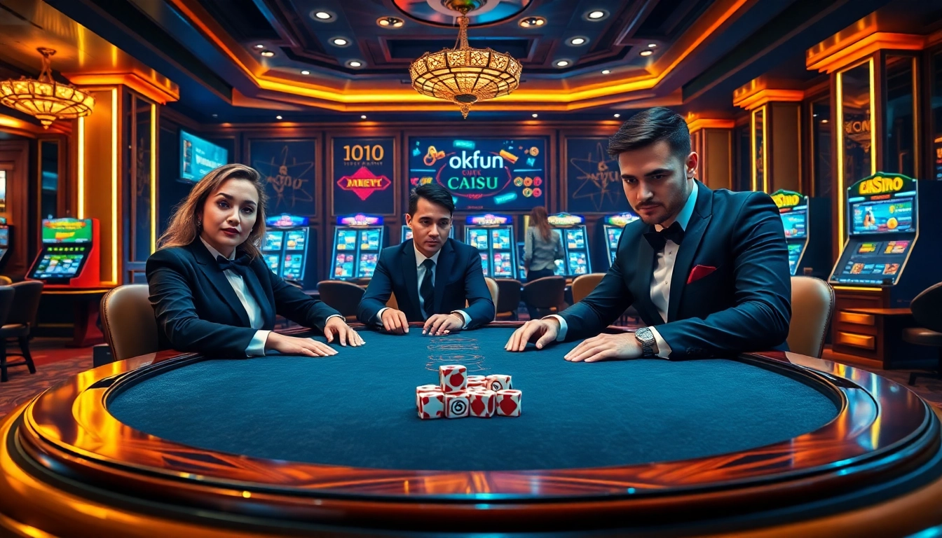 Players enjoying a game of poker in a luxurious setting at okfun casino, with chips and dice highlighting the thrill of gambling.