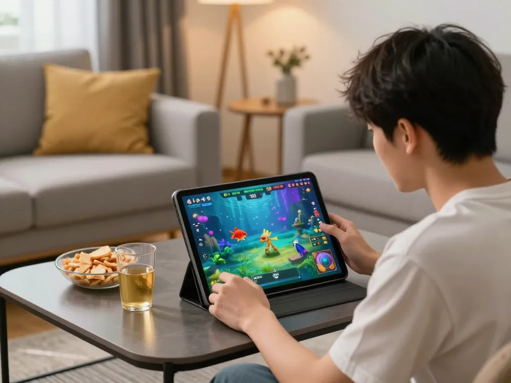 bắn cá đổi thưởng gameplay on tablet in cozy living room, highlighting dynamic online gaming experience.