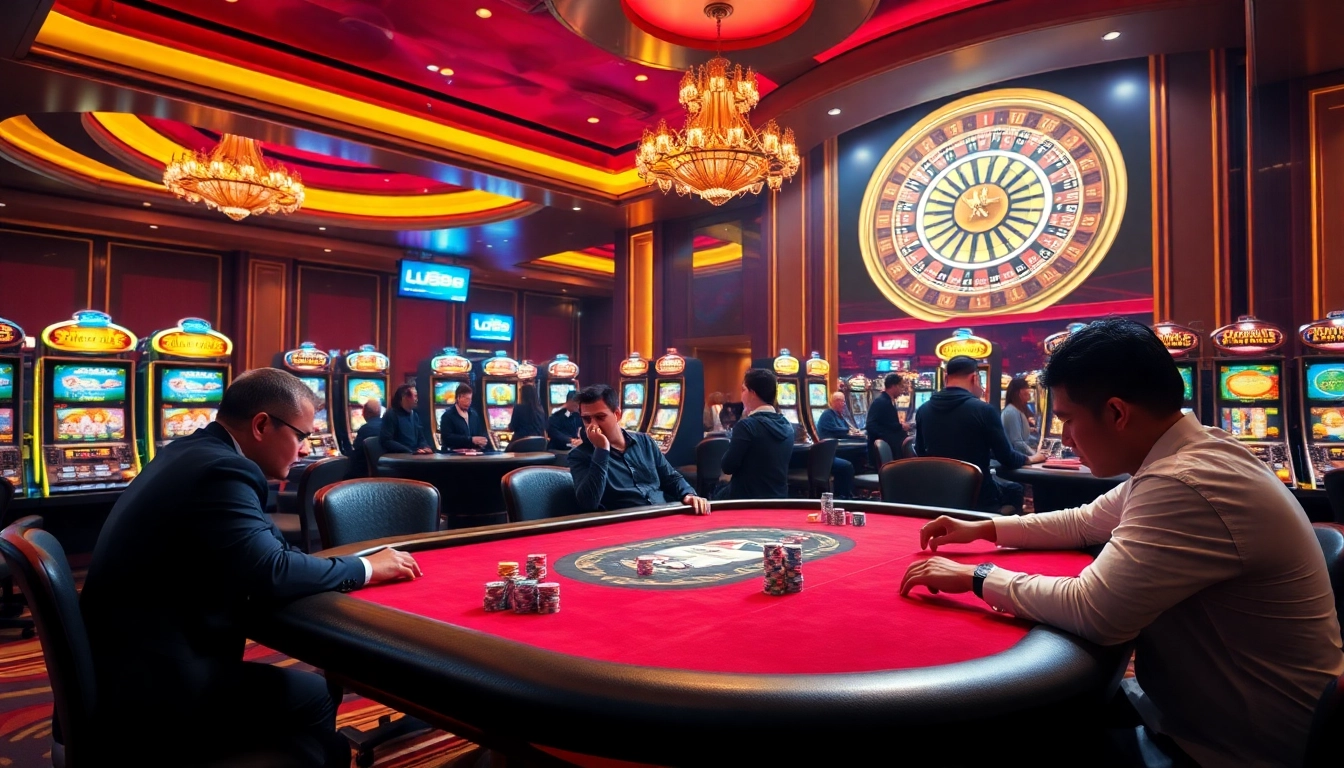 LU88 players engaging in high-stakes poker at a luxurious casino table.