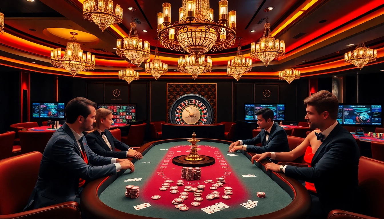KJC players strategizing their next move at a high-stakes poker table in a luxurious casino setting.