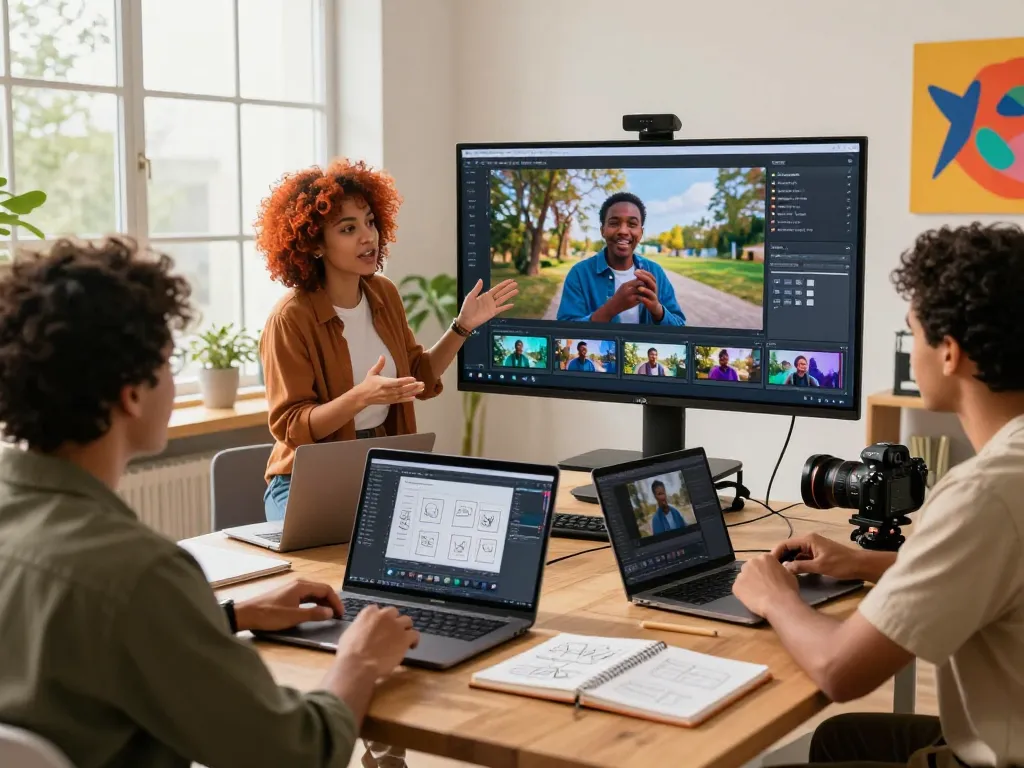 Collaborative team using ai seedance 2.0 in a bright creative workspace.