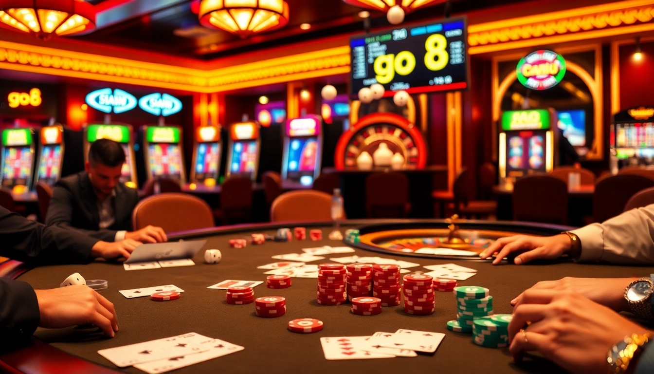 Go8 players strategizing at a high-stakes poker table amidst a vibrant casino atmosphere.