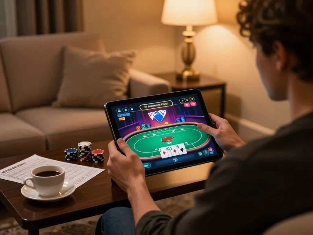 Tin88 online gaming scene featuring a player engaging in a poker game on their tablet, cozy home vibes.