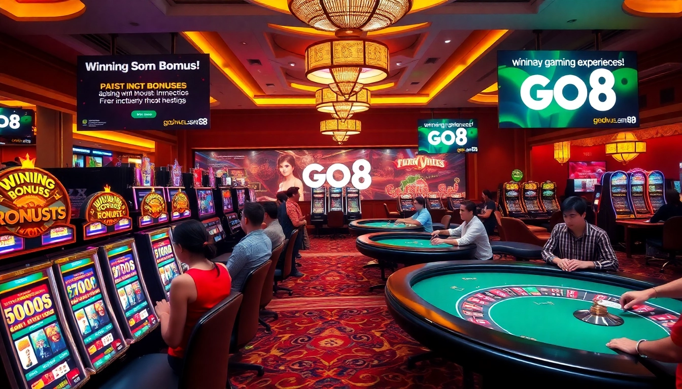 Players enjoying thrilling games at GO8 casino, showcasing vibrant slot machines and poker tables.