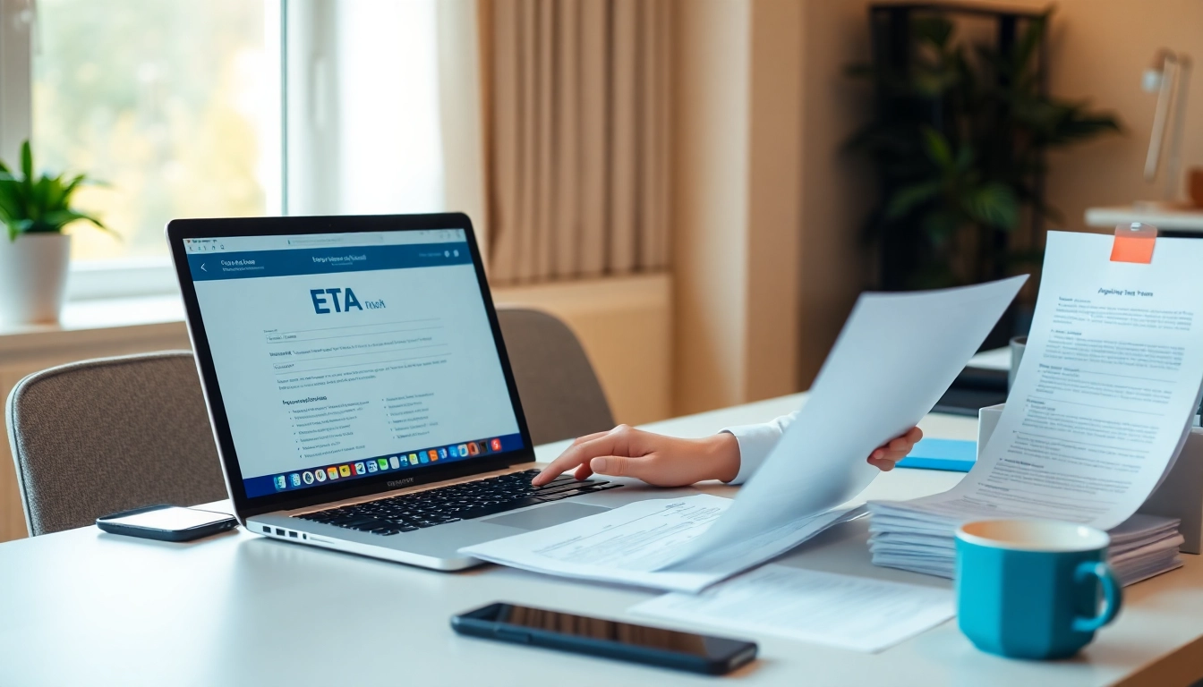 Filling out the eta uk application form in a bright office environment.