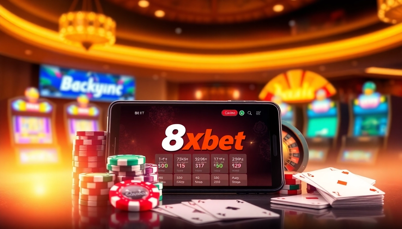 Engage with the excitement of tải 8xbet as a mobile device showcases vibrant casino elements around it.