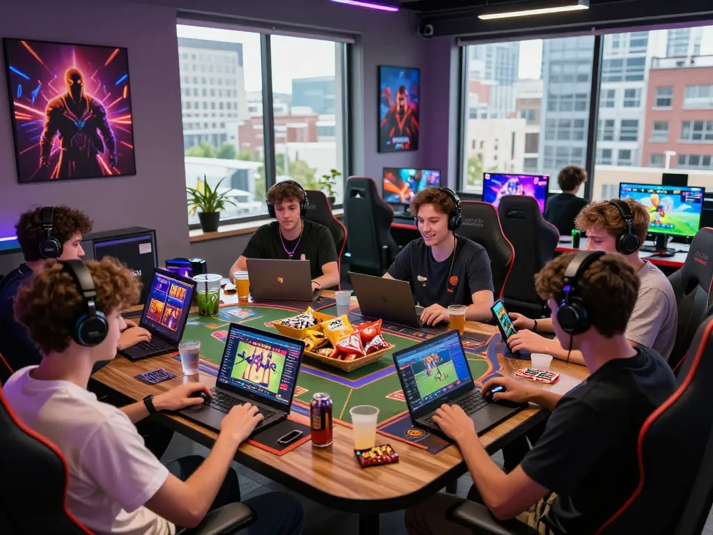 Players enjoying various games on the Sonclub platform in a vibrant gaming lounge atmosphere with modern devices and snacks.
